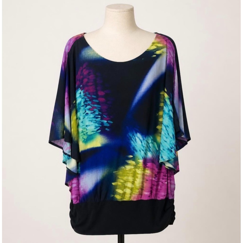 Fashion Bug Womens Large Kimono Sleeve Top Multicolor Abstract Print Banded Hem